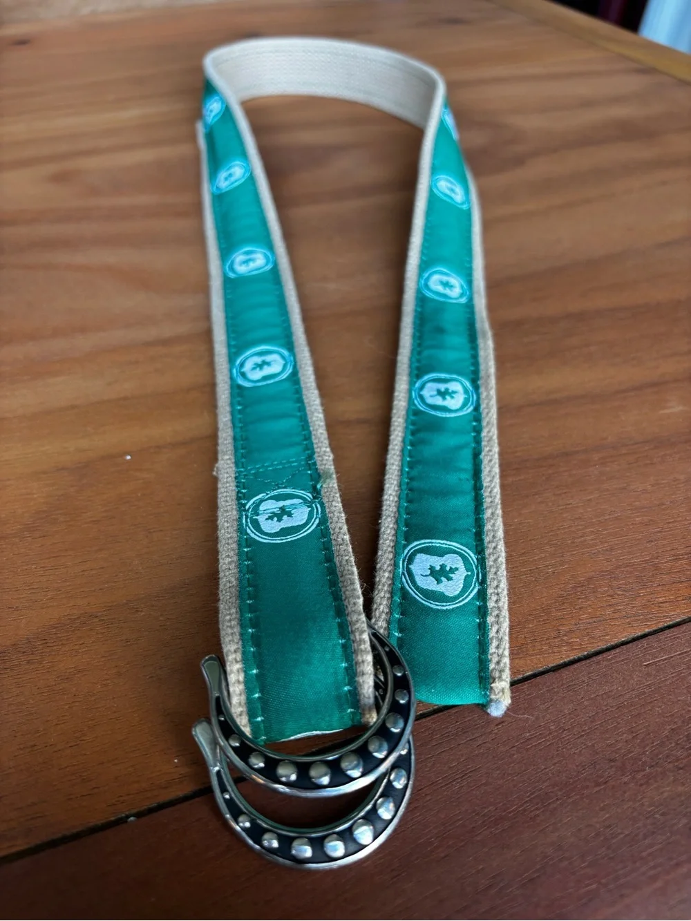 VTG RARE Equestrian Ribbon Belt Green Jeremiah Watt Horse Shoe Brand Buckle M